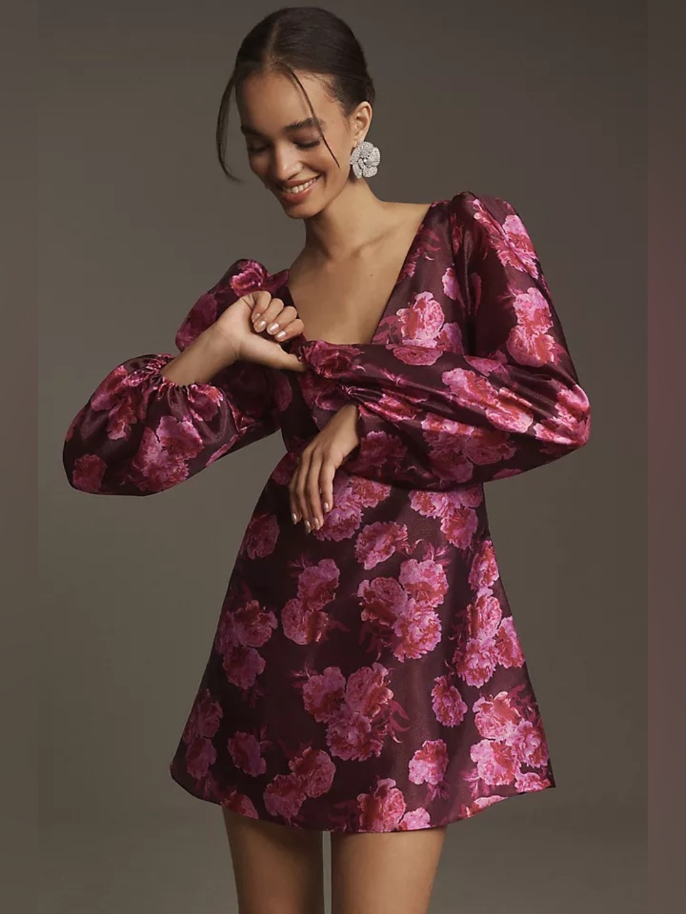BHLDN Aliana Long-Sleeve V-Neck Floral Organza Mini Dress Medium Pink Purple